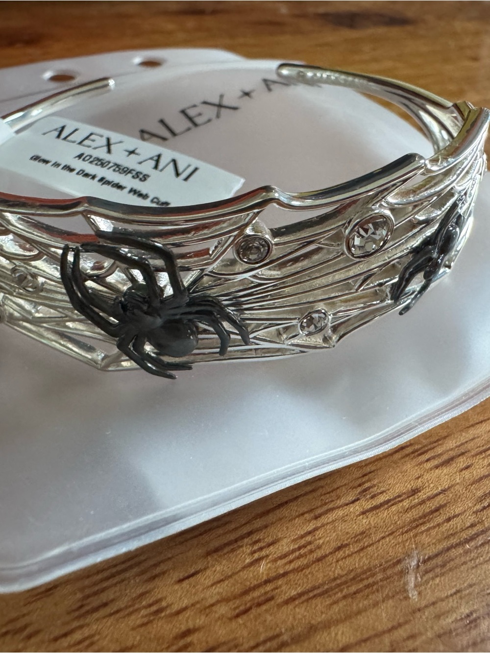 Alex and Ani Silver-Tone Spider Web Bangle with Black Spiders and Clear Stones
